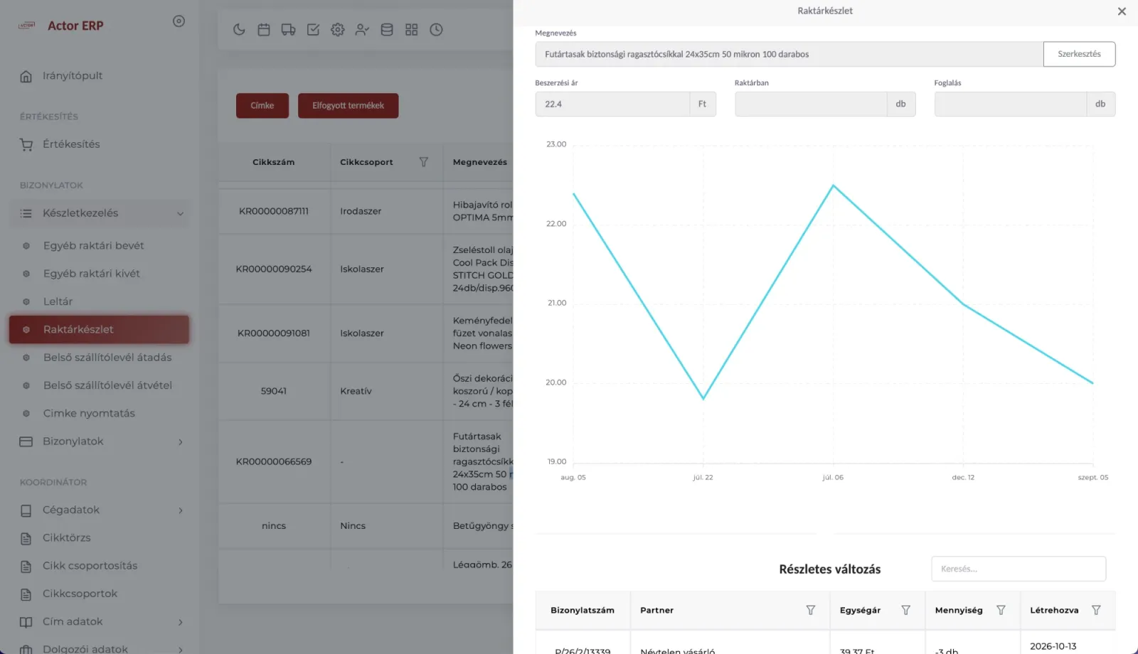 Stock card: purchase price history and every movement of the item, by document