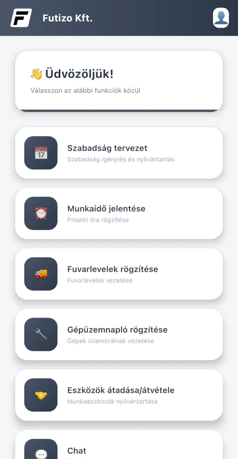 Driver app: leave, working time, waybills, machine log, equipment handover, chat