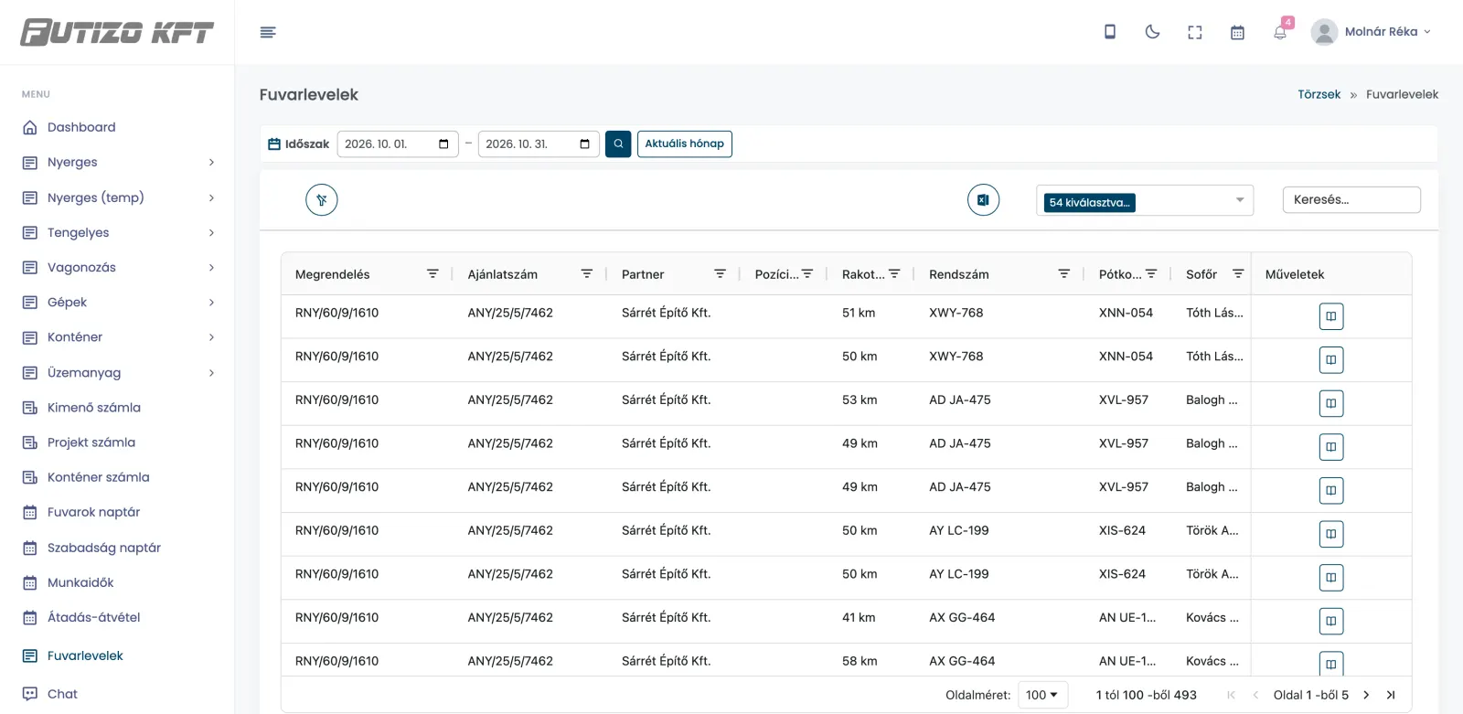 All waybills in one list: order, partner, km, plates, trailer, driver
