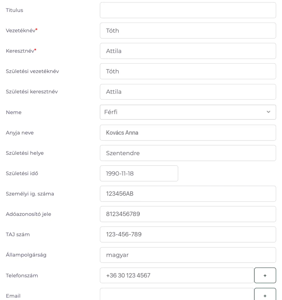 Employee record – one of 13 tabs, with sample data