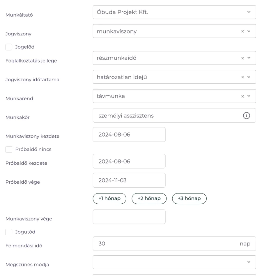 Employment tab: employer, contract type, work pattern, probation, notice period