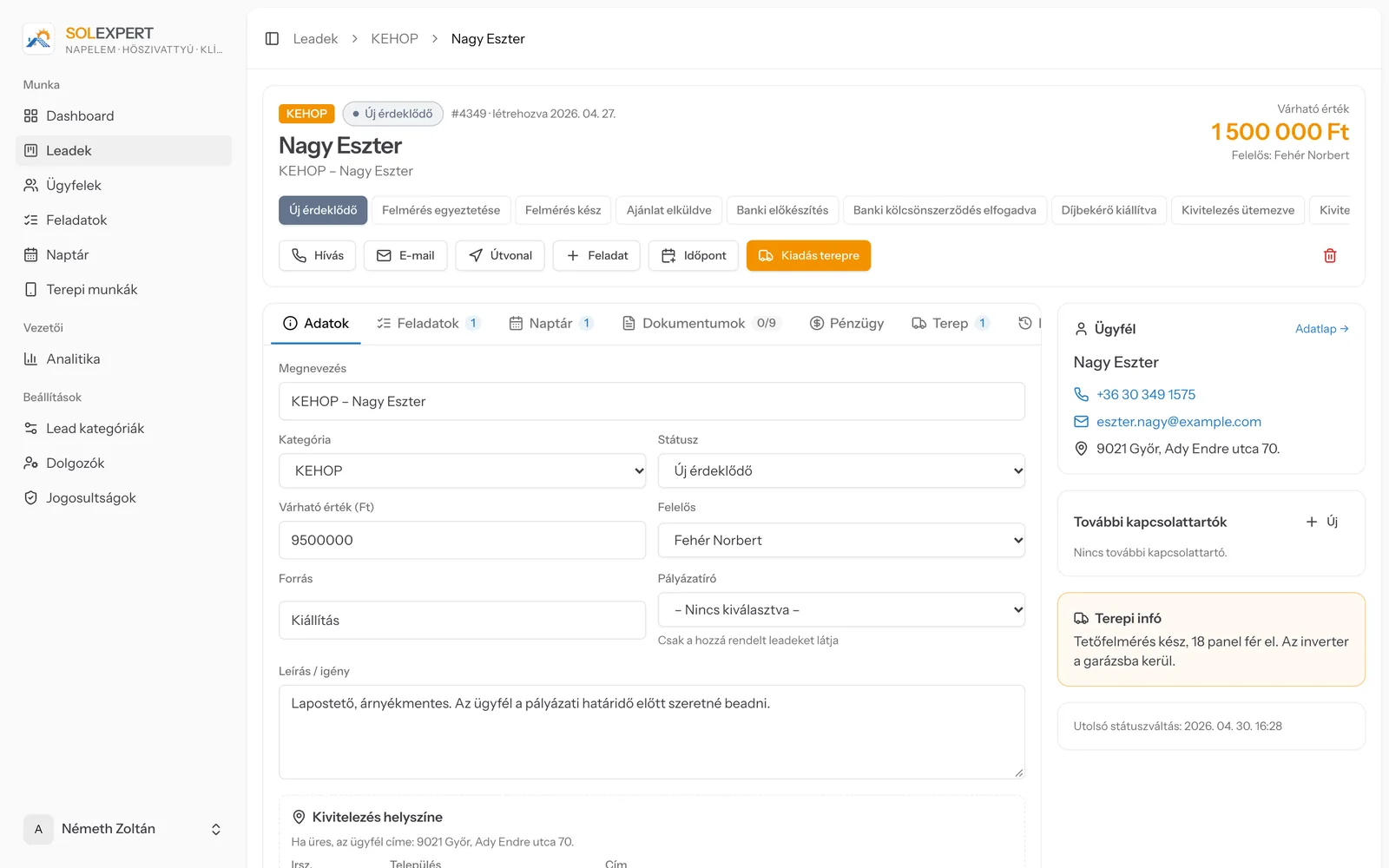 Lead page with status steps and quick actions