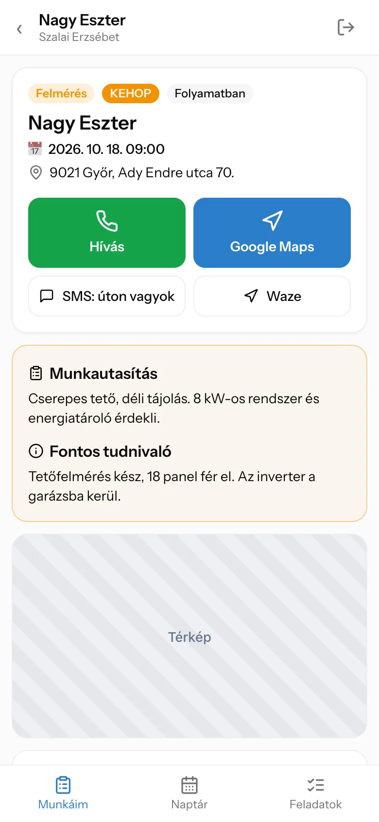 Field job sheet with call, route and SMS buttons
