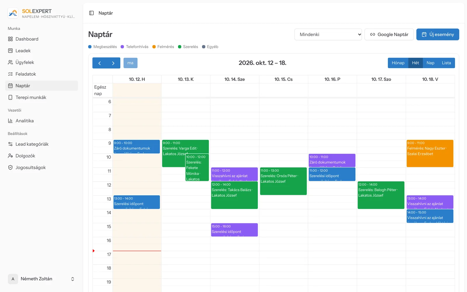 Shared calendar with colour-coded surveys and installs